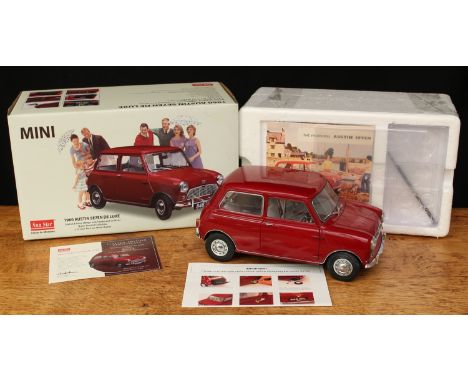 Sun Star 1:12 scale diecast model 1960 Austin Se7en De Luxe Mini, red body, red and cream interior, registration number 848 A