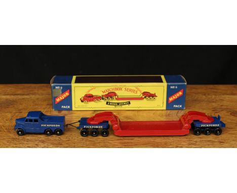 Moko Lesney 'Matchbox' series No.6 M-6 Major pack Pickfords 200 ton transporter, dark blue tractor with decals, dark blue and