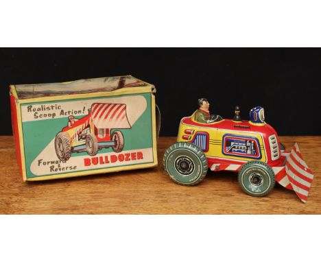 A Wells Brimtoy 'Welsotoys' No.165 tinplate and fixed clockwork forward and reverse bulldozer, lithographed tinplate, 20cm lo