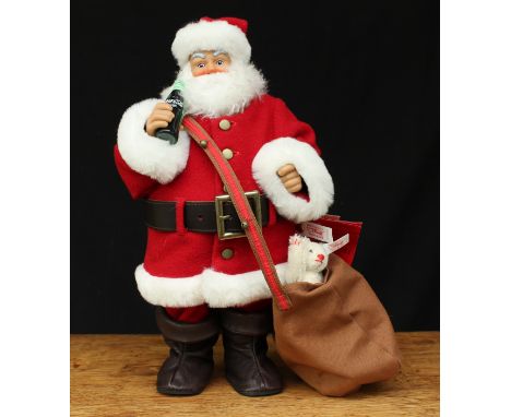 Steiff (Germany) 670350 Coca-Cola Santa Clause doll, he stands in red costume with a bottle of Coca-Cola in one hands, his sa