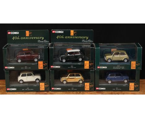 Corgi 1:36 scale 40th Anniversary Limited Edition diecast models, comprising CC82201 Mini Classic Edition Knightsbridge in go