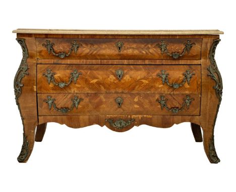 A Louis XV style kingwood and fruitwood marquetry marble top bombe commode. With brass mounts and three long drawers on sabre