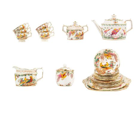 Royal Crown Derby porcelain Olde Avesbury pattern part tea service. Comprising: Teapot and cover, a twin handled sucrier and 