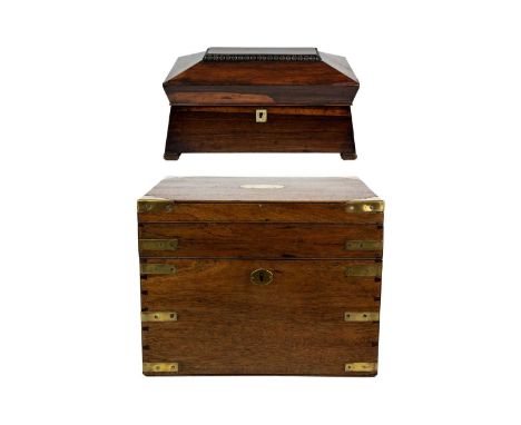 A late Victorian brass bound teak silver box. Of campaign type, with inset brass handles and pull-out deep tray, height 28cm,