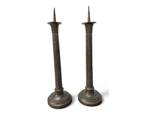 18th century pewter alter pricket candlesticks  Of impressive scale, marked within the base: 'J Van Giessen Bruges' around a 