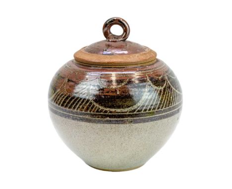 Andrew HAGUE (1948) Globular Lidded Vase, glazed ceramic, incised mark to base, 22cm tall, 19cm in diameter.