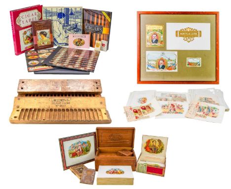 Tobacciana: A good collection of cigar box labels/bands, boxes and associated paraphernalia.   Including two cigar mould pres