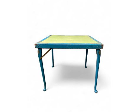 Card table Pale blue lacquered ground with playing card motif decoration, green baize top
