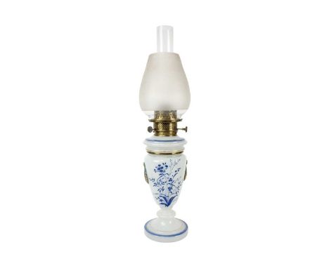 A Bohemian glass oil lamp with a rare Hesperus triple burner. Circa 1880, the burner with two applied brass labels 'By Royal 