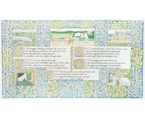 A 20th century illumination manuscript of Edmund Blunden's No Man's Land.  Gouache on paper, in oak frame, 23cm x 42cm