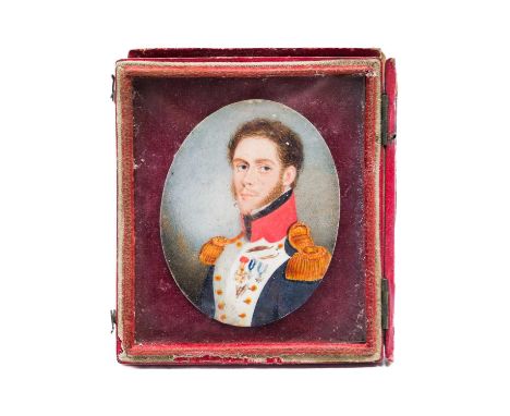 A 19th century miniature portrait.  Of an officer resplendent in his uniform,7.5X5.8cm, in a Morocco leather case, overall di