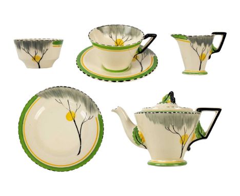 An Art Deco Burleigh Ware Zenith pattern solo tea set. Comprising: teapot and cover, sugar bowl, milk jug, teacup and saucer.