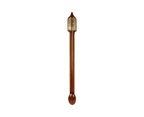A mahogany mercury stick barometer. 19th century, with arched engraved brass plate, the base with oval cistern cover, height 