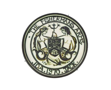 A unique Celtic pottery circular plaque. Commissioned for the landlords of The Fisherman's Arms public house in Newlyn and in