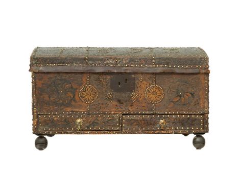 A William III trunk The 17th-century trunk is dated 1693 with brass pin heads and is covered with pony skin. 92cm long, 54cm 