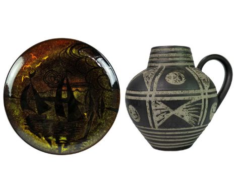 An Austrian mid-century pottery vase or jug. Painted with geometric symbols on a grey ground, height 24cm, together with a Po