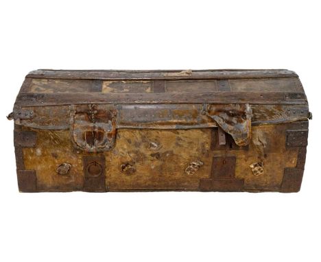A late 18th/19th century French pony hide iron bound domed top trunk. With label to interior, height 39cm width 109cm depth 5