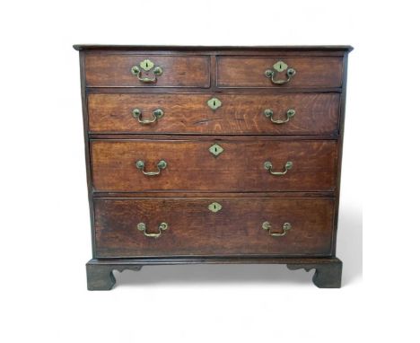 George III oak chest of drawers  With two short and three long drawers, on bracket feetH:89cm, D: 49cm, W: 96cm