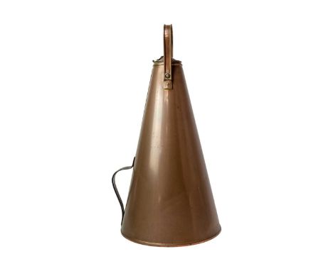 A large copper tapered flask and cover, stamped W A S Benson. With hinged cover, and swing handle, height to top of handle 56