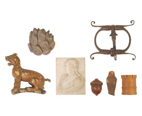 A wood carved figure of a leopard. Height 15cm together with relief carved marble profile of George IV, a iron door knocker, 