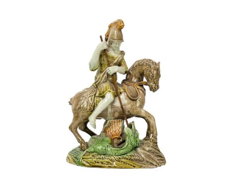 A late 18th century Ralph Wood type pearlware model of St George and the Dragon. In ochre and browns, height 26cm.The tail is