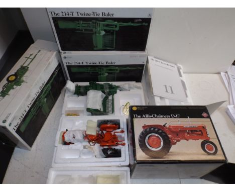 Precision series by ERTL:- three Die-cast 214-T Twine_Tie Balers each boxed, together with an Allis Chalmers D-17 tractor box