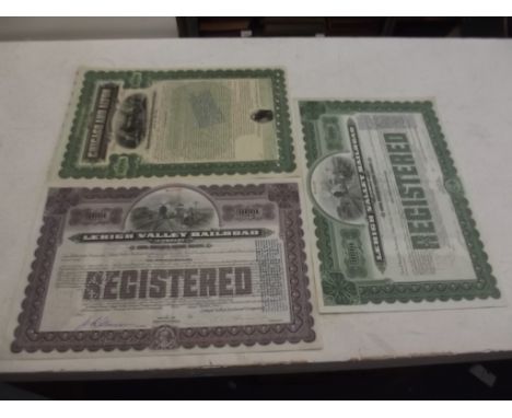 Engraved share certificates. Lehigh Valley Railroad. 2 certs 1941 vg; plus Chicago & Alton Rly. cert 1899 vg.