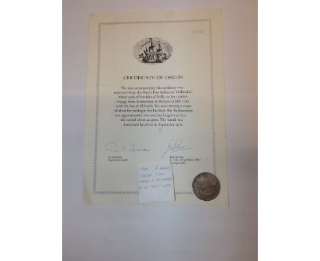 Wreck coins:- eight Reales Spain Pillar Dollar dated 1740, ex The Wreck of the Hollandia, with certificate about V.F. light d