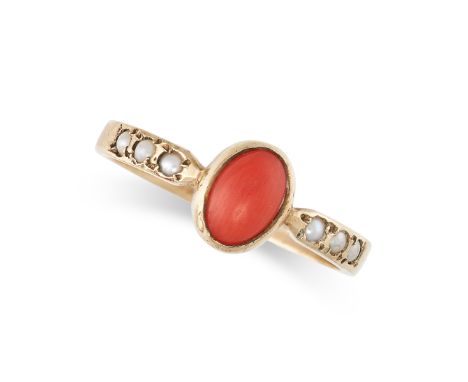 NO RESERVE - A VINTAGE CORAL AND PEARL DRESS RING Made in 9 carat yellow gold Oval cabochon coral Half pearls Full British ha