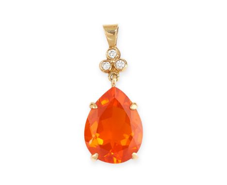 NO RESERVE - A FIRE OPAL AND DIAMOND PENDANT Made in 18 carat yellow gold Pear shaped fire opal, weighing approximately 3.15 
