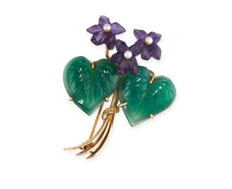NO RESERVE - A VINTAGE AMETHYST, CHRYSOPRASE AND PEARL FLOWER BROOCH, CIRCA 1950 Made in 14 carat yellow gold, designed as a 
