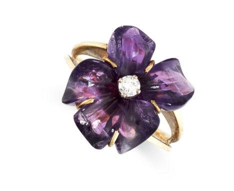 NO RESERVE - A VINTAGE CARVED AMETHYST AND DIAMOND FLOWER RING Made in yellow gold, bifurcated band A single piece of carved 