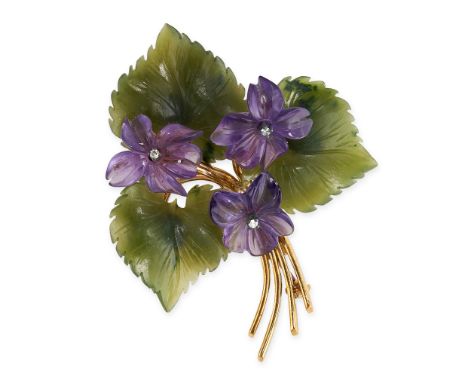 NO RESERVE - AN AMETHYST, NEPHRITE JADE AND DIAMOND FLOWER BROOCH, CIRCA 1950 Made in 14 carat yellow gold, designed as a sma