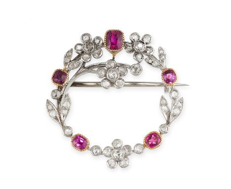 NO RESERVE - AN ANTIQUE RUBY AND DIAMOND BROOCH, CIRCA 1900 Designed as a circular wreath with flowers Cushion cut rubies Old
