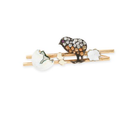 NO RESERVE - AN ANTIQUE RUBY, DIAMOND, CITRINE AND ENAMEL HATCHING CHICK BROOCH Made in 18 carat yellow gold and silver, depi