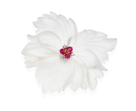 NO RESERVE - JULIUS HUGLER, A ROCK CRYSTAL, RUBY AND DIAMOND FLOWER BROOCH, CIRCA 1950 Made in 18 carat white gold, designed 