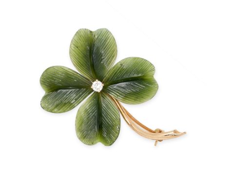 NO RESERVE - A VINTAGE NEPHRITE JADE AND DIAMOND FLOWER BROOCH, ERNST PALTSCHO Made in 14 carat yellow gold, designed as a fl