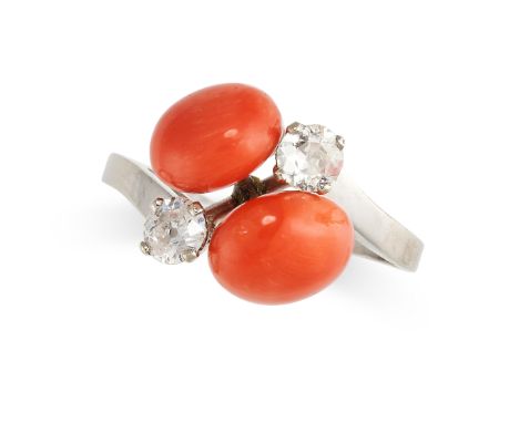 NO RESERVE - A VINTAGE CORAL AND DIAMOND DRESS RING Polished coral beads, approximate diameter 9.3mm and 8.4mm Old European b