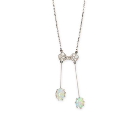 NO RESERVE - AN ANTIQUE OPAL AND DIAMOND LAVELIER NECKLACE, EARLY 20TH CENTURY Designed as a ribbon tied in a bow suspending 