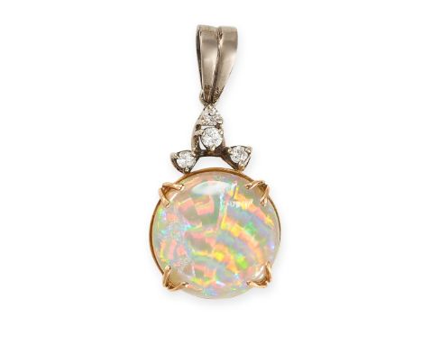 NO RESERVE - A FINE OPAL AND DIAMOND PENDANT Round cabochon opal, weighing approximately 5.84 carats Round brilliant cut diam