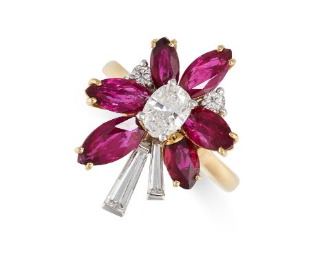 NO RESERVE - A DIAMOND AND RUBY COCKTAIL RING, 1991 Made in 18 carat yellow gold Oval cut diamond, weighing approximately 0.6