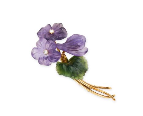 NO RESERVE - AN AUSTRIAN AMETHYST, NEPHRITE JADE AND DIAMOND FLOWER BROOCH, CIRCA 1950 Made in 14 carat yellow gold, designed