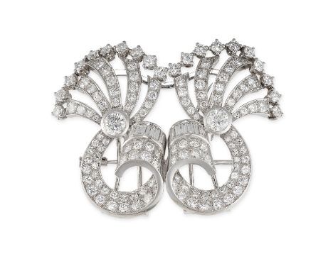 NO RESERVE - A FINE VINTAGE DIAMOND DOUBLE CLIP BROOCH, 1940S Scrolling designs, the two clip brooches combining on a central