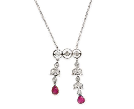 NO RESERVE - AN ANTIQUE RUBY AND DIAMOND LAVALIER PENDANT NECKLACE, CIRCA 1910 AND LATER Made in yellow gold, platinum and wh