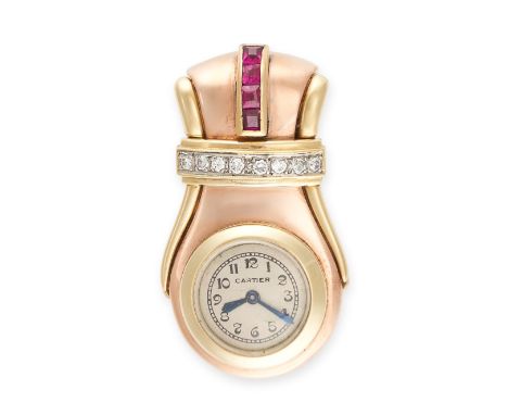 NO RESERVE - CARTIER, A RETRO DIAMOND AND SYNTHETIC RUBY CLIP BROOCH WATCH, CIRCA 1940 Made in yellow gold and rose gold, man