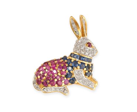NO RESERVE - A RUBY, SAPPHIRE AND DIAMOND RABBIT BROOCH / PENDANT With clip brooch fitting and pendant bail Round cut and rou