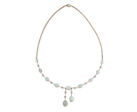 NO RESERVE - AN ANTIQUE OPAL AND DIAMOND LAVALIER NECKLACE Made in yellow gold, suspending two graduated pendant drops, the c