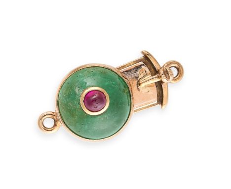 NO RESERVE - AN EMERALD AND RUBY NECKLACE CLASP Made in yellow gold Round cabochon emerald (drilled), approximate diameter 10