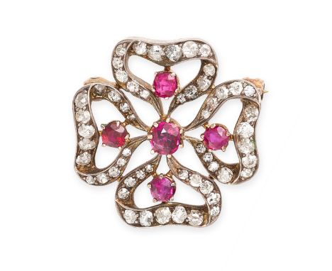 NO RESERVE - AN ANTIQUE RUBY AND DIAMOND BROOCH / PENDANT Made in yellow gold and silver, designed as a flower, brooch fittin