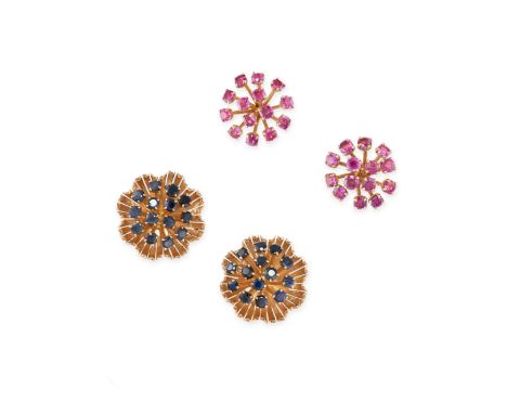 NO RESERVE - A PAIR OF VINTAGE INTERCHANGEABLE RUBY AND SAPPHIRE EARRINGS, CIRCA 1960 Made in yellow gold, floral design with